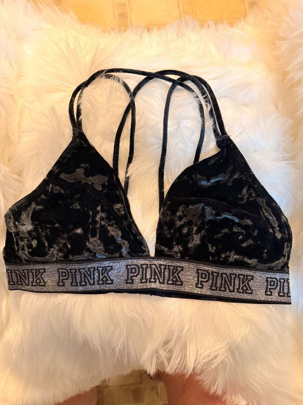 Victoria's Secret PINK Black Crushed Velvet Logo Bralette Size L